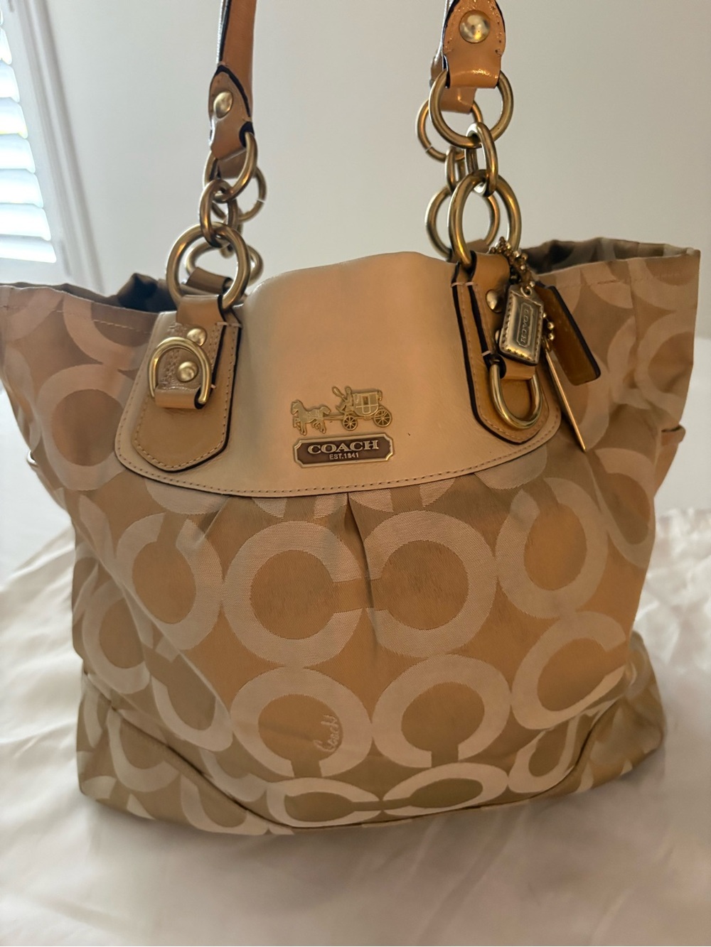 Coach Tan & Cream Signature Circle Tote with Gold Hardware